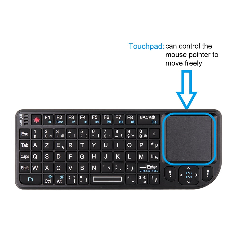 Mini clavier avec touchpad et pointeur laser ( ) - Claviers Digital noWmad - Matériel télétravail : Équipez-vous pour une expérience 2.0 ! Équipements et accessoires de bureau pour un télétravail confortable, efficace et flexible. Aménagez votre espace et gagnez en ergonomie. Casques, chaises, sous-mains, mouse jigglers... Exploitez tout le potentiel du travail à distance pour trouver votre équilibre, en voyage comme à la maison.